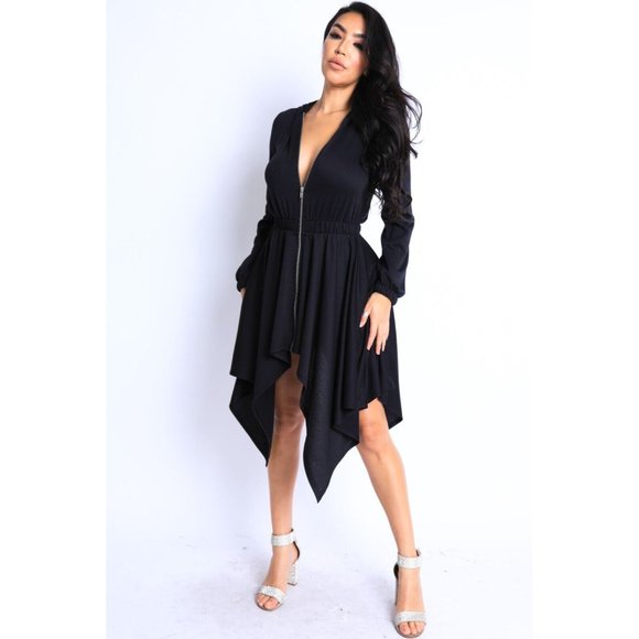 Women's Long Sleeves Hooded Drape Dress Full Zipper Dress Jacket Dress - Picture 6 of 11